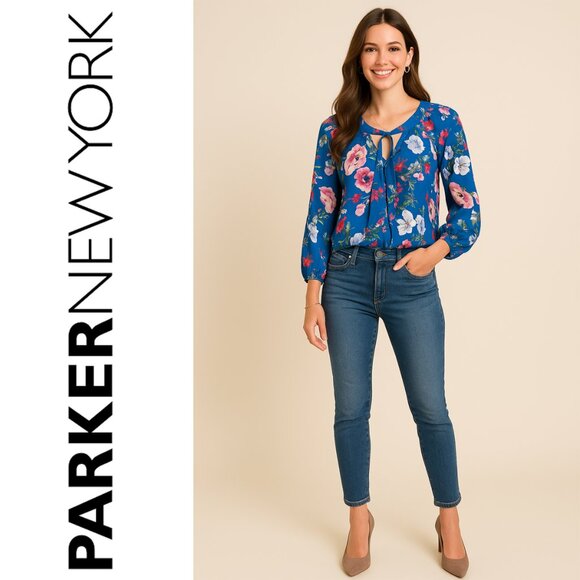 $278 PARKER Designer NWT Blue Pink Red Floral Blouse Shirt Top – Large - Picture 1 of 8